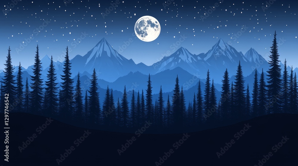 Fototapeta premium Pixelated moonlit wilderness scape with mountain vista a peaceful night sky and coniferous forest in a retro 8 bit video game style
