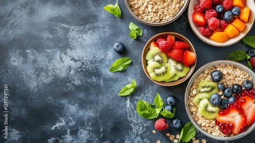 Wallpaper Mural Several bowls of healthy breakfast food with fresh colorful fruits displayed Torontodigital.ca