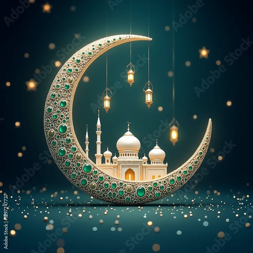 Elegant Crescent Moon With Mosque and Lanterns in Nighttime Festivity for Eid Mubarak