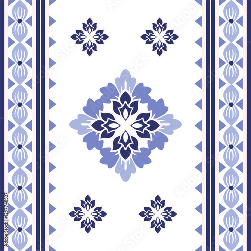 Damask seamless pattern with decorative blue flowers on pink background. Vector illustration. Idea for textiles, elaborate borders, curtains, tiles, and carpet.