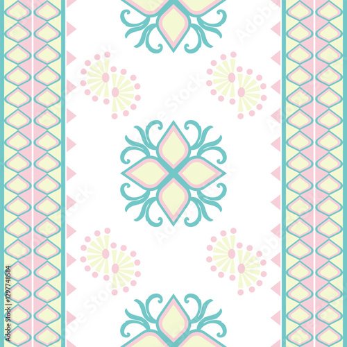 Green floral damask seamless vector pattern with decorative ornament. Vector illustration. Idea for wallpaper, carpets, curtains, elaborate borders, pottery, and tiles.