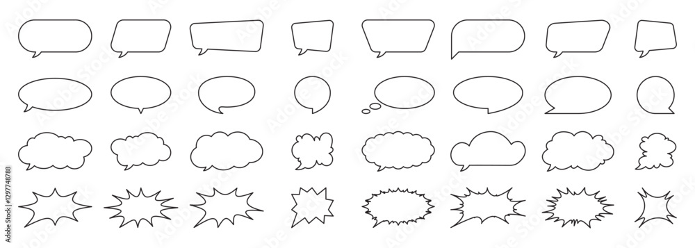 Fototapeta premium Collection of speech bubbles, text boxes, comic frames, cloud icons, stickers, and communication symbols. Includes explosion effects, splash shapes, and social media chat balloons in a playful doodle