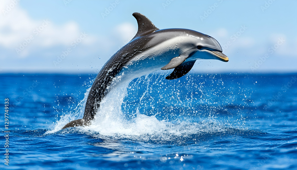Fototapeta premium Dolphin leaping ocean blue sky