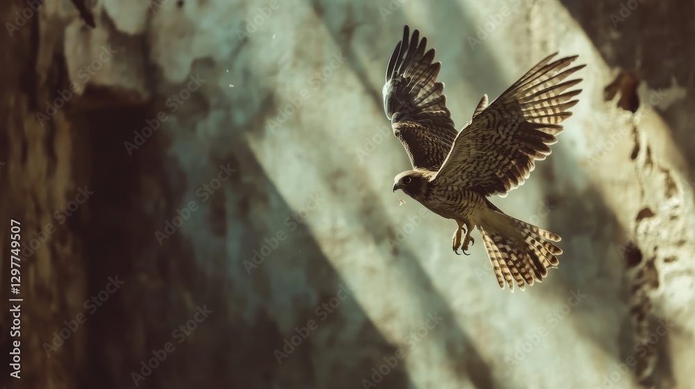 Fototapeta premium A brown feathered bird in flight with outstretched wings