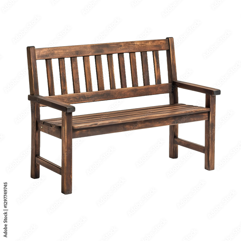 Wooden bench with slatted back and armrests, ideal for garden or patio seating, isolated on transparent background (PNG) Wooden bench with slatted back and armrests, ideal for garden or patio seating, isolated on transparent background (PNG)