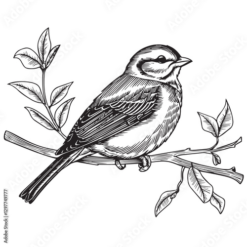  Engraving Style Illustration of a Blue Tit Bird Perched on a Branch with Leaves: Vintage Botanical Art, Black and White Etching, Wildlife Drawing, Nature Illustration, Ornithological Study, Vector Gr