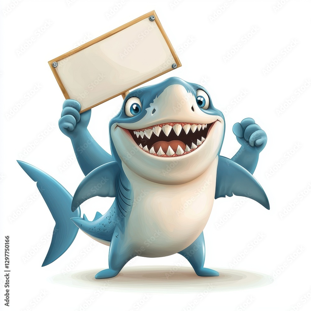 Fototapeta premium Cheerful Cartoon Shark Character Holding Blank Sign with Broad Smile and Raised Fists