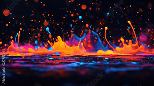 A colorful splash of paint with orange, blue, and green splatters