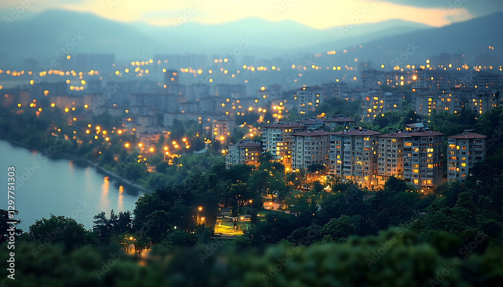 Naklejka premium Nighttime cityscape view along a river, showcasing illuminated buildings and serene nature backdrop