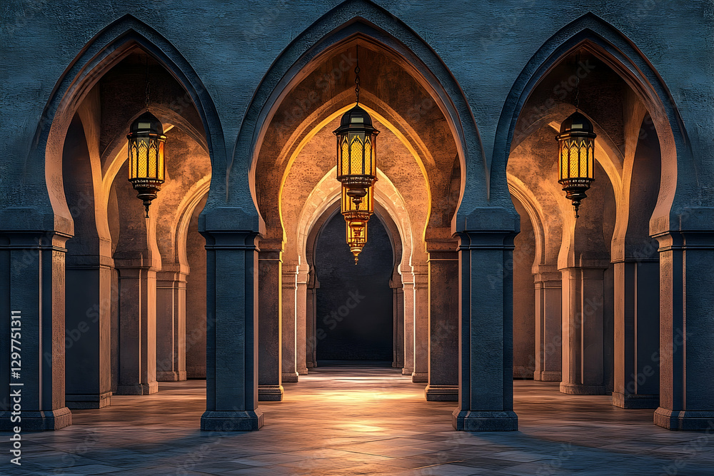 Obraz premium Serene architectural corridor with glowing lanterns, showcasing intricate arches and soft lighting