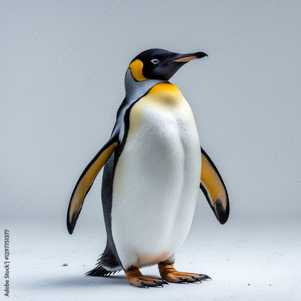 Obraz premium professionally lit photograph of a majestic Emperor Penguin standing upright in a stark, pure white isolation, showcasing its distinctive yellow patches on its chest, white belly, and sleek black bac