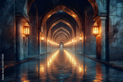 Serene illuminated corridor with arches and lanterns, reflecting in tranquil water at night