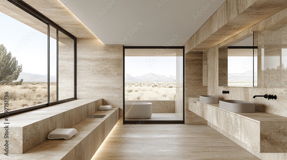 Fototapeta premium Modern Minimalist Bathroom Design with Desert Views