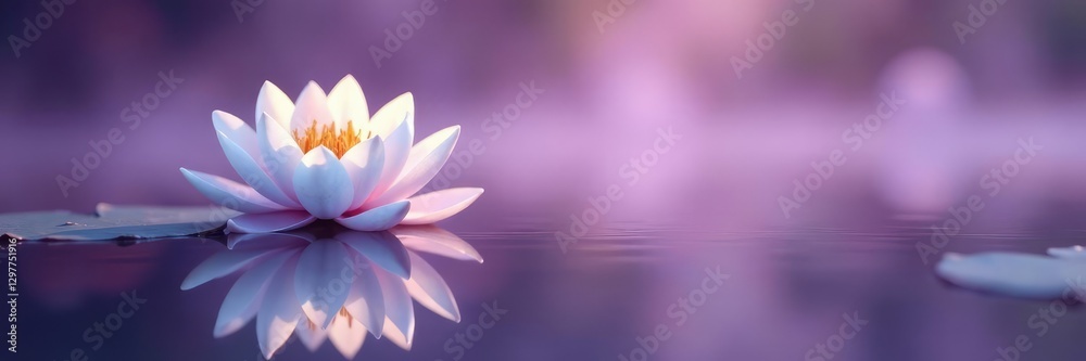 A delicate white lily is reflected in the calm surface of a light purple misty pond, nature photography, reflection, ripples A delicate white lily is reflected in the calm surface of a light purple misty pond, nature photography, reflection, ripples