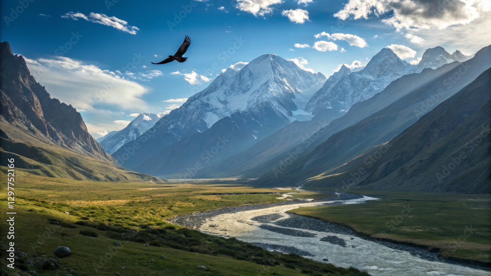 Obraz premium Majestic mountains and river under blue sky with soaring bird