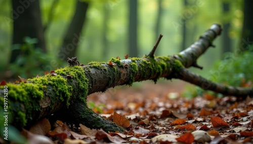 A fallen eichhorn tree branch with twigs and leaves, forest floor, twig, branch