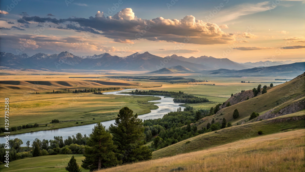 Fototapeta premium Breathtaking landscape with mountains, river, and lush greenery at sunset