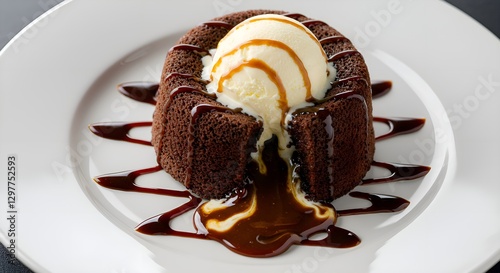 Round chocolate lava cake on a white plate, with a scoop of vanilla ice cream slowly melting on top
