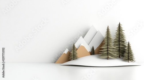 Minimalist papercraft winter landscape with cardboard mountains and pine trees on a white background.