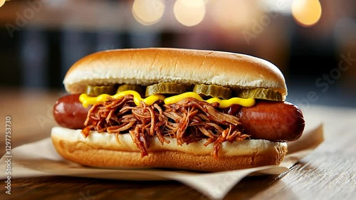 BBQ Pulled Pork Hot Dog on a Wooden Table