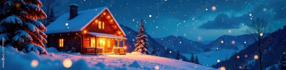 Fototapeta premium Casa natale con caminetto acceso al cielo stellato, twinkling lights, snow