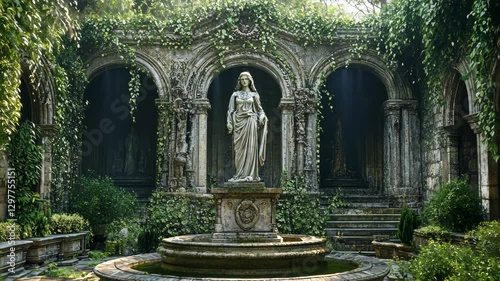 Elegant stone statue surrounded by lush greenery in an ancient garden setting