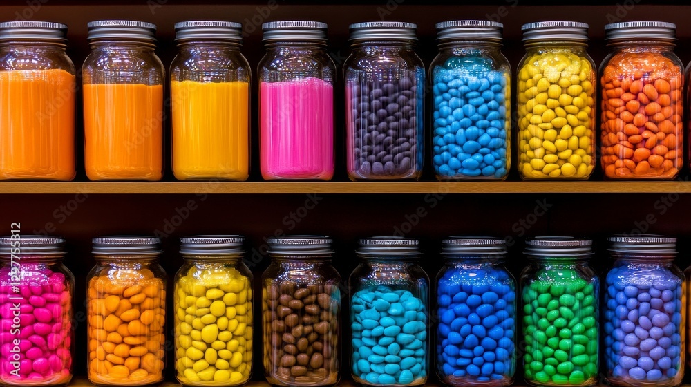 custom made wallpaper toronto digitalColorful jars filled with vibrant paints and candies arranged on a wooden shelf in a creative space