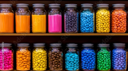 Wallpaper Mural Colorful jars filled with vibrant paints and candies arranged on a wooden shelf in a creative space Torontodigital.ca