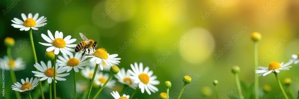 Chamomile flowers in a garden with bees and butterflies, bees, botanical, flowers Chamomile flowers in a garden with bees and butterflies, bees, botanical, flowers