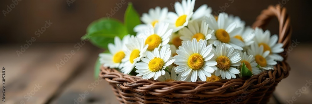 Obraz premium Chamomile flowers in a woven basket with natural twigs and branches, branches, rustic