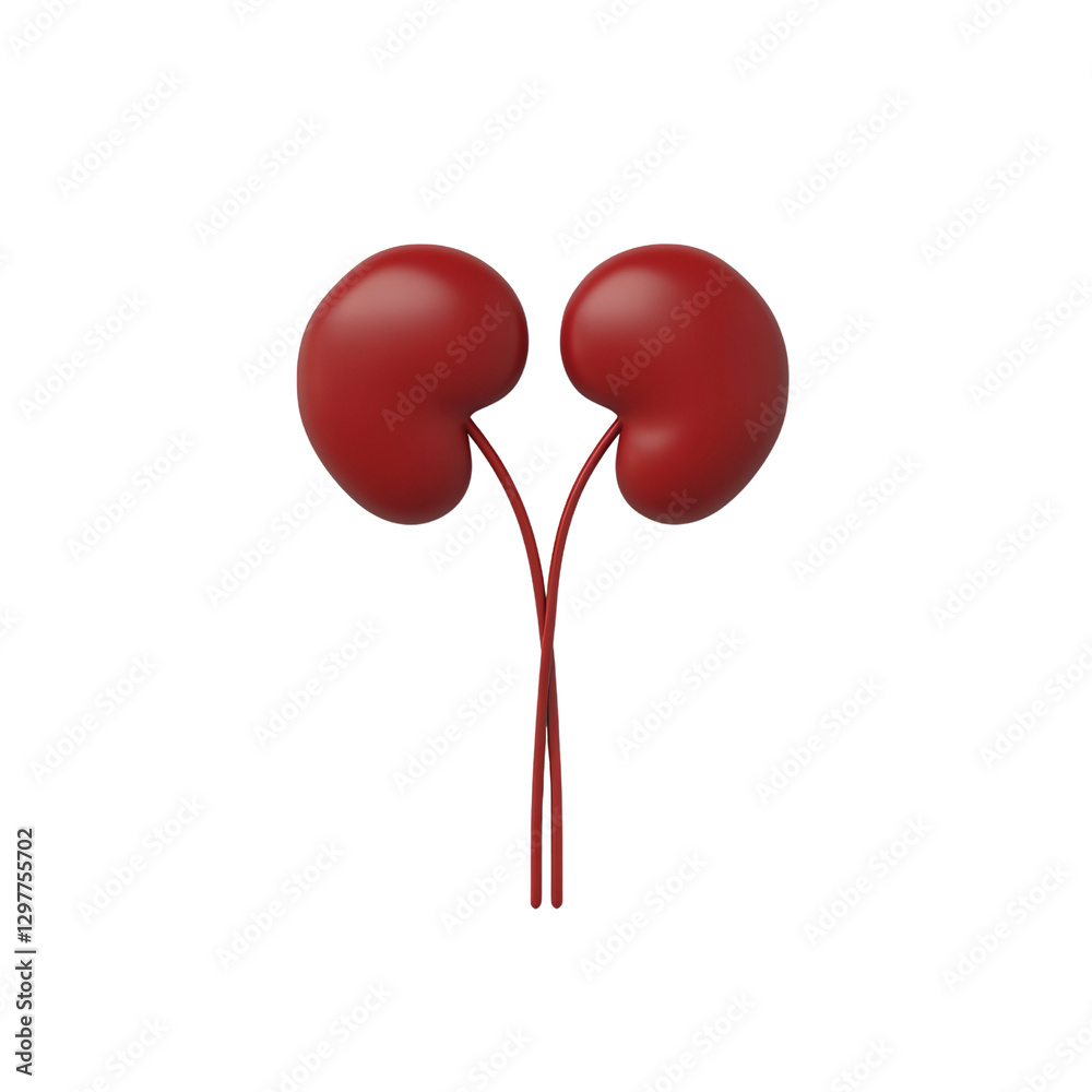 Human Kidneys 3D Model: A detailed 3D rendering of a pair of human kidneys, showcasing their bean-shaped structure and anatomical features in a clean, simple style. Human Kidneys 3D Model: A detailed 3D rendering of a pair of human kidneys, showcasing their bean-shaped structure and anatomical features in a clean, simple style.