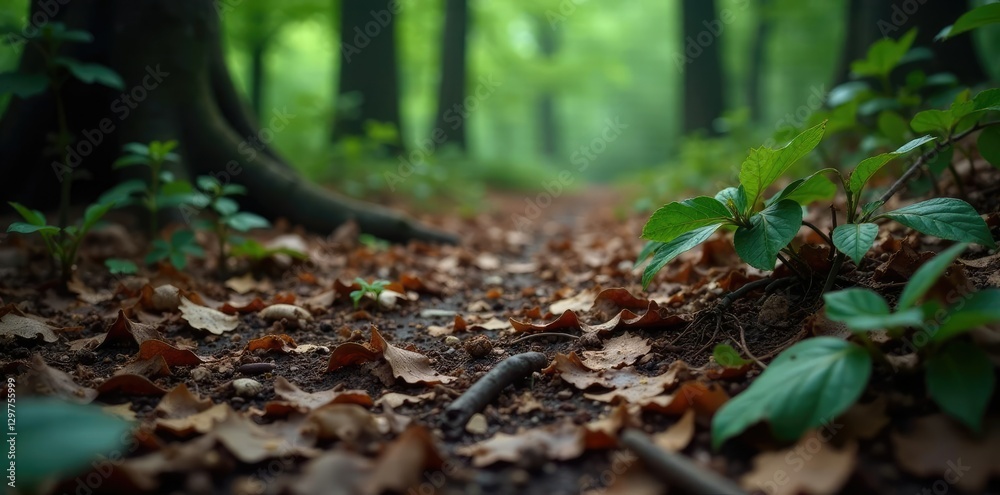 Dense forest floor with decaying leaves and twigs, dark carbon fiber, forest ground, tree roots Dense forest floor with decaying leaves and twigs, dark carbon fiber, forest ground, tree roots