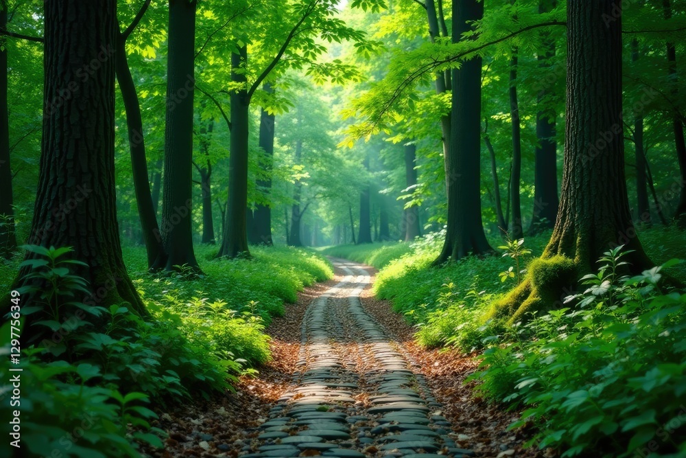 Fototapeta premium Dense forest surroundings with a meandering cobblestone path, cobblestone, woods