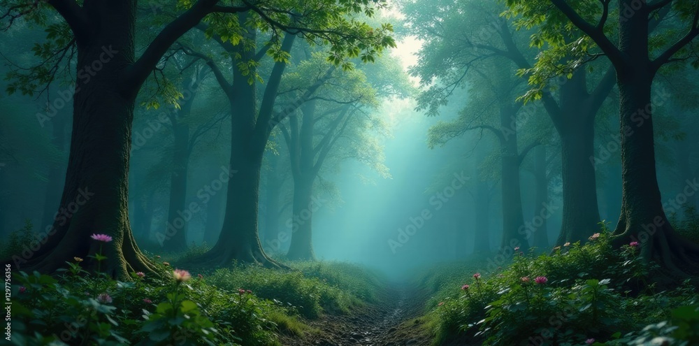 Fototapeta premium Dense forest with ancient trees and misty atmosphere, ancient, foggy