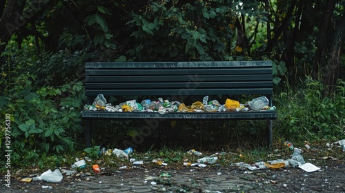 An outdoor park bench covered and surrounded by trash and litter