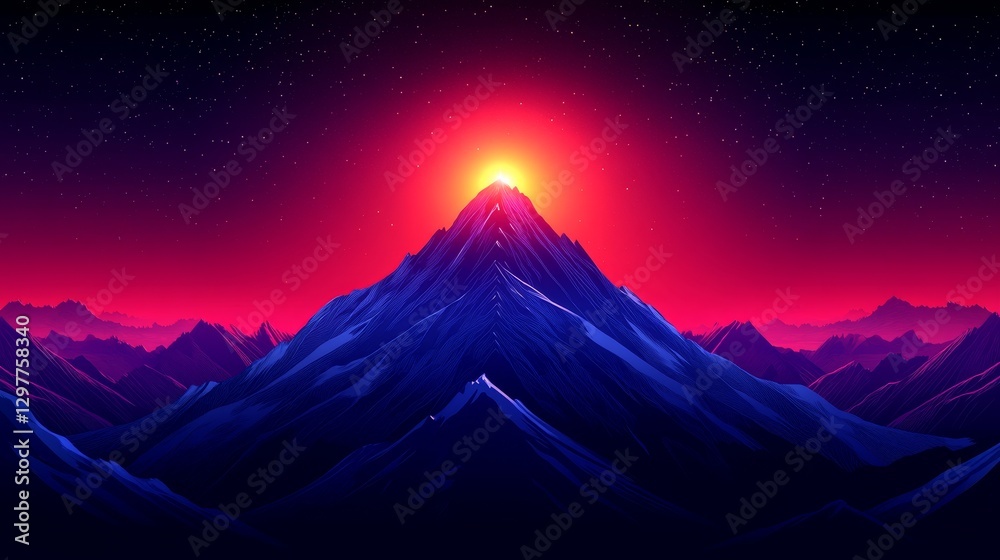 Fototapeta premium Mystical mountain peak illuminated by a radiant celestial glow in a vivid and colorful fantasy landscape pixel art design