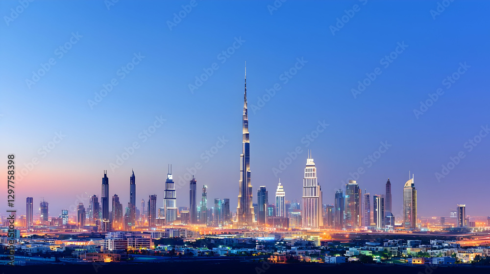 Obraz premium Panoramic Cityscape Skyline at Night Featuring Illuminated Modern Architecture Against Blue Hour Sky