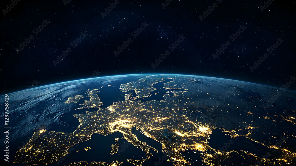 Obraz premium Blue Illuminated Earth At Night Revealing City Lights Against Starry Sky