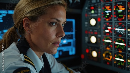 Female pilot in cockpit focused on controls during flight, ensuring safety, and maintaining trajectory. photo