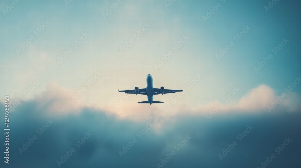 Airplane soaring through clouds in the open sky during a clear day in mid afternoon hours. Generative AI Airplane soaring through clouds in the open sky during a clear day in mid afternoon hours. Generative AI