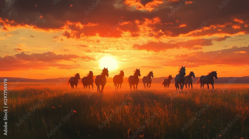 A herd of galloping horses in the wilderness A herd of galloping horses in the wilderness