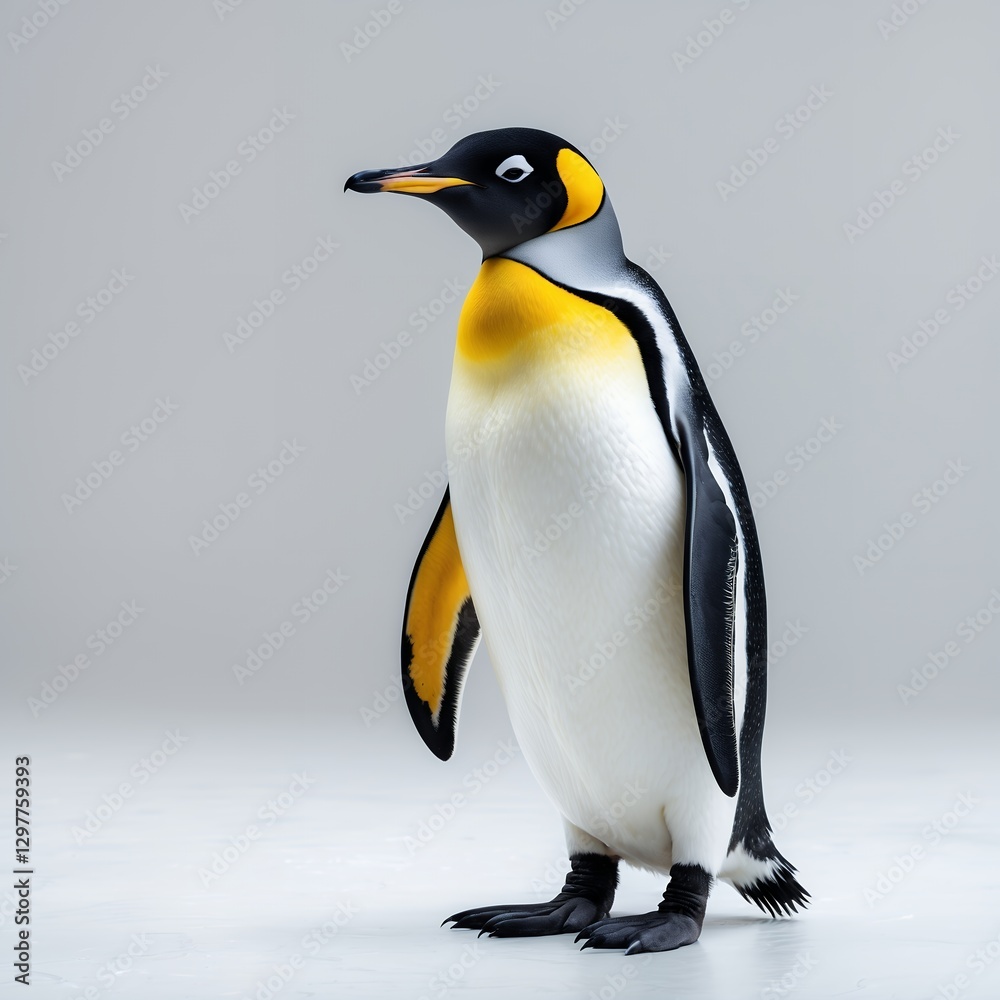 Fototapeta premium professionally lit photograph of a majestic Emperor Penguin standing upright in a stark, pure white isolation, showcasing its distinctive yellow patches on its chest, white belly, and sleek black bac