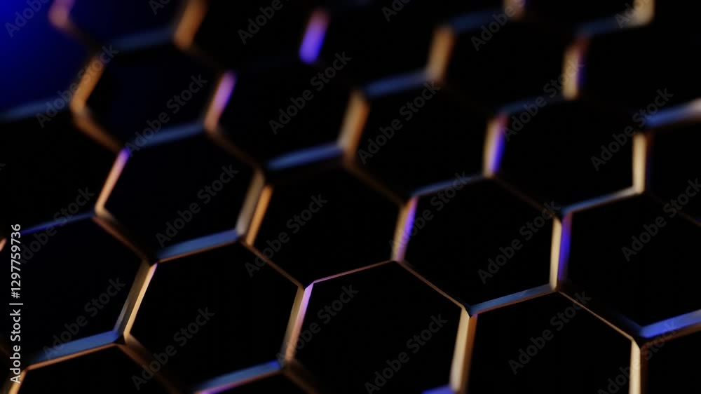 Black Hexagon Pattern with Vibrant Blue and Orange Light Seamlessly Moving Up and Down in a Continuous Loop Animation Black Hexagon Pattern with Vibrant Blue and Orange Light Seamlessly Moving Up and Down in a Continuous Loop Animation