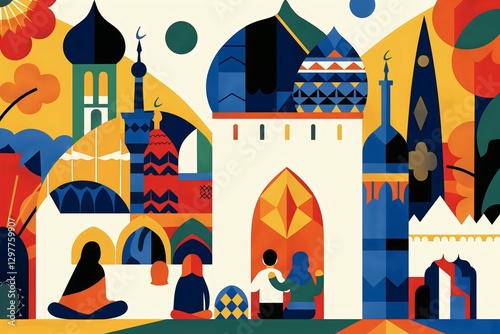 Family members gather at a local mosque to partake in Eid prayers, surrounded by lively geometric patterns and vibrant colors, highlighting community and spirituality