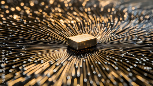 magnet surrounded by evenly spaced iron filings forming a classic dipole pattern 