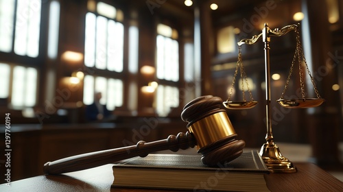 Gavel and scales in a court setting. photo