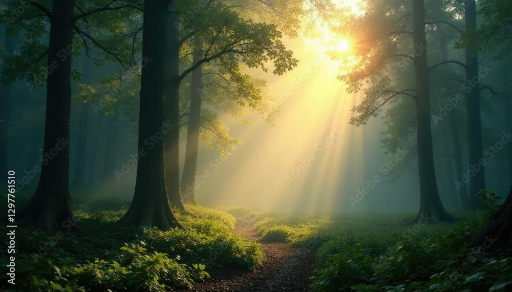 Fototapeta premium Misty forest landscape with sunlight filtering through, branches, mist, nature