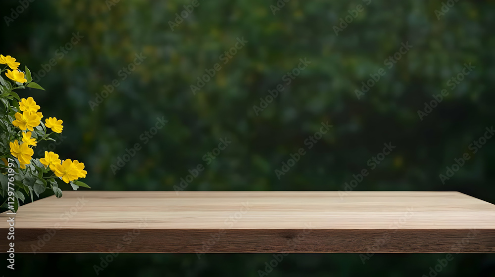 Naklejka premium Wooden Table With Yellow Flowers and Green Foliage Background