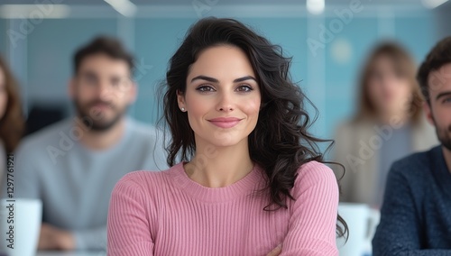 Wallpaper Mural confident woman in a pink sweater smiles while seated in a workshop with her audience, who are attentively listening in a contemporary office space with natural light Torontodigital.ca