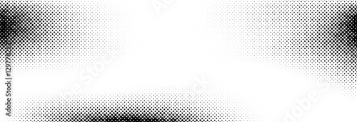 Dotted halftone texture background. Black and white pop art gradient overlay. Fading grunge grit noise wallpaper. Weathered pixelated comic backdrop. Vector bitmap subtle vanishing surface